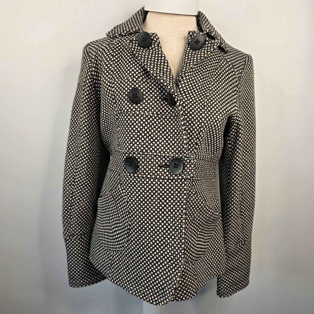 H2J Women's Peacoat Jacket Size M Black White Polka Dot Button Front NWT Wool‎
